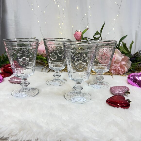 La Rochere Versailles Set of 4 Clear Water Goblet Glasses Shells Scrolls France - Picture 3 of 6